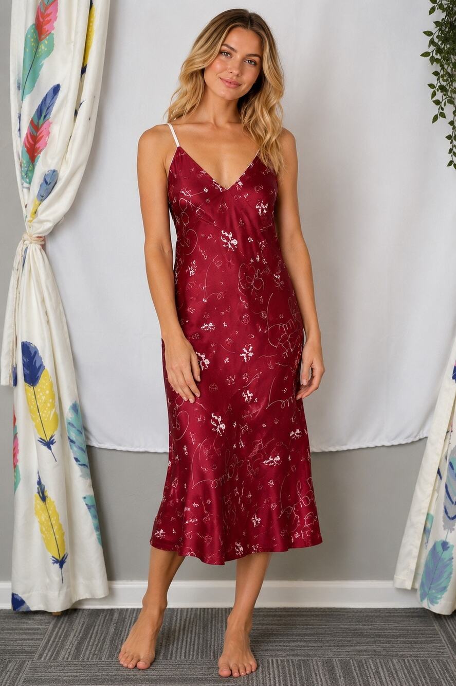 Splendid Burgundy Print Satin Chemise Sleep Dress Lounge Nightgown NWT Size S